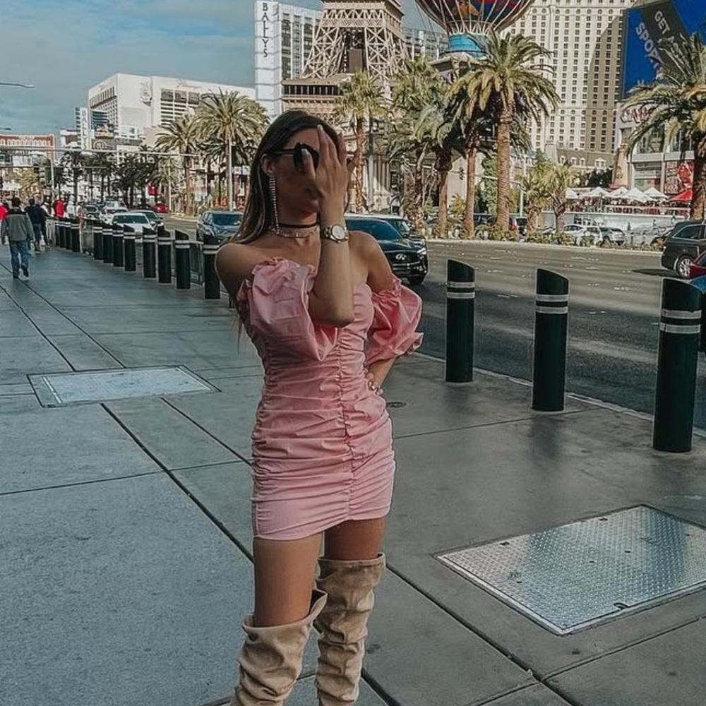 Pink puff sleeves Off-Shoulder Dress